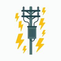 Electric power pole with transformer and yellow lightning icons in flat style, representing energy, electricity, power supply, and high voltage concepts vector