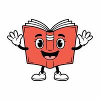Cute cartoon book character with smiling face, waving hands, and sneakers. Fun educational mascot illustration for kids, school, reading, and learning concepts. vector