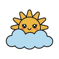Cute Kawaii Sun and Cloud Illustration, Smiling Cartoon Weather Icon, Adorable Sunshine Clipart for Kids, Nursery Art, and Educational Design vector
