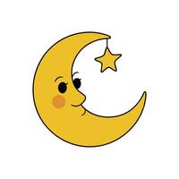 Cute Smiling Crescent Moon with Hanging Star, Cartoon Style Night Sky Illustration for Kids, Bedtime, Dreams, Nursery, Isolated Design. vector