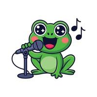 Cute frog cartoon singing with microphone, adorable animal character performing music, fun kids illustration, kawaii art isolated on white background. vector