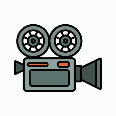Retro vintage movie camera icon in flat cartoon style, perfect for film, cinema, production, entertainment media, studio projects, and filmmaking concepts.