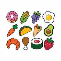 Colorful Cartoon Food Icons Collection Including Donut, Taco, Sushi, Fruits, Vegetables, Egg, Chicken, Croissant, Illustration for Kids, Menu, Design. vector