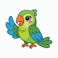 Cute cartoon parrot character with big eyes, open wings, smiling face, colorful feathers, tropical bird illustration for kids, education and design. vector