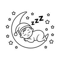 Cute Baby Sleeping on Moon Coloring Page, Night Sky Stars, Bedtime Nursery Art, Black and White Line Drawing for Kids Printable. vector