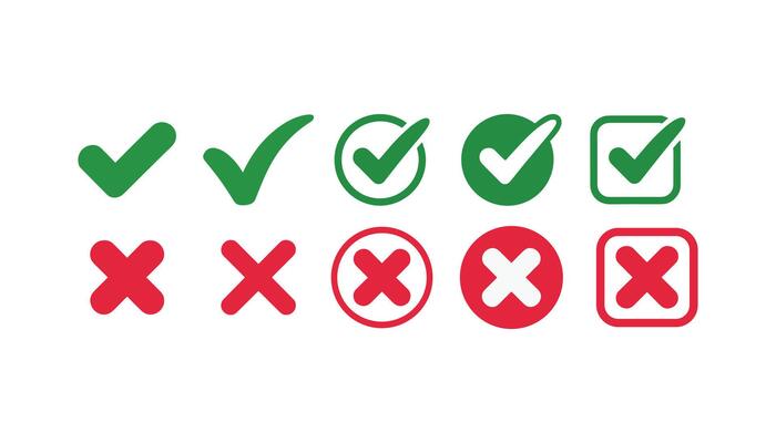 Green check marks and red cross icons set in various styles, perfect for UI, forms, approval, rejection, and web interface design