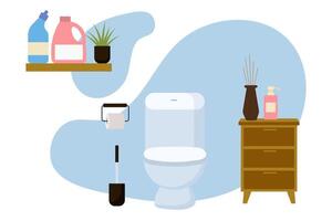 Clean and organized bathroom featuring essential cleaning supplies and decor vector