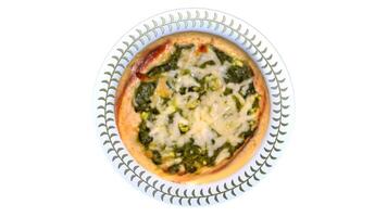 a small pizza on a plate with cheese and spinach video