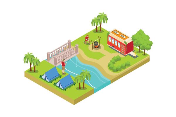 Modern isometric Camping place near the river, doing fishing activities, grilling fish, there are tents, caravans, white background isolation