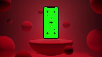 Animation of Smartphone with Green Chroma Key Screen on a Platform Surrounded by Balls with Red Background video