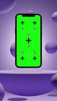 Vertical Animation of Smartphone with Green Chroma Key Screen on a Platform Surrounded by Balls with Lavender Background video