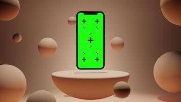 Animation of Smartphone with Green Chroma Key Screen on a Platform Surrounded by Balls with Peach Background video