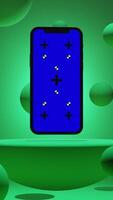 Vertical Animation of Smartphone with Blue Chroma Key Screen on a Platform Surrounded by Balls with Green Background video