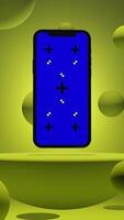 Vertical Animation of Smartphone with Blue Chroma Key Screen on a Platform Surrounded by Balls with Yellow Background video