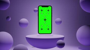 Animation of Smartphone with Green Chroma Key Screen on a Platform Surrounded by Balls with Lavender Background video