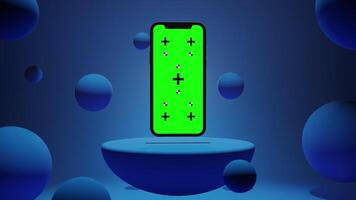 Animation of Smartphone with Green Chroma Key Screen on a Platform Surrounded by Balls with Blue Background video