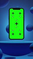 Vertical Animation of Smartphone with Green Chroma Key Screen on a Platform Surrounded by Balls with Blue Background video