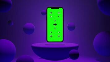 Animation of Smartphone with Green Chroma Key Screen on a Platform Surrounded by Balls with Purple Background video