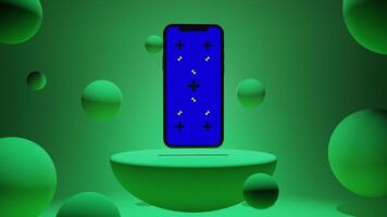 Animation of Smartphone with Blue Chroma Key Screen on a Platform Surrounded by Balls with Green Background video
