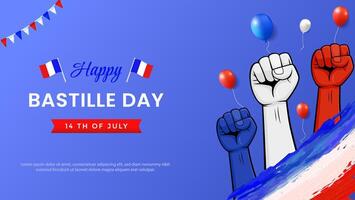 Illustration Celebrating Bastille Day with French Flags and Raised Hands vector