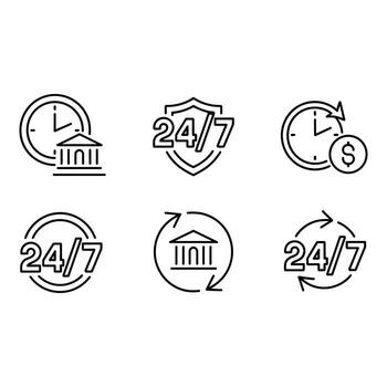 24 7 Banking Services Modern Line Icons Set Financial Security Clock Shield Continuous Support vector