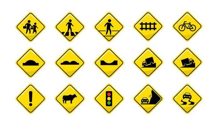 set of yellow diamond road signal. isolated traffic sign template collection.