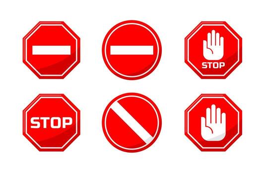 Collection of Flat Red Warning and Prohibition Signs. Set of Red Prohibition and Stop Sign Icons vector