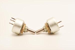 High-quality metal potentiometers for prototyping. Potentiometers. Variable resistors. Devices for voltage changes. photo