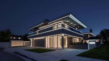Modern, luxurious smart home showcasing its innovative led lighting system against the backdrop of the twilight sky, creating a captivating blend of technology and elegance video