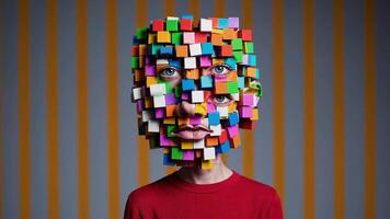 Surreal portrait of a person wearing a mask made of colorful cubes, symbolizing artificial intelligence, virtual reality, and the digital world, against a striped background video