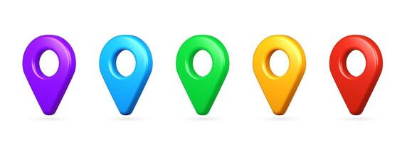 3D set of colorful location pin icons. Creative GPS pointer markers in cartoon style for map navigation, locate symbols vector