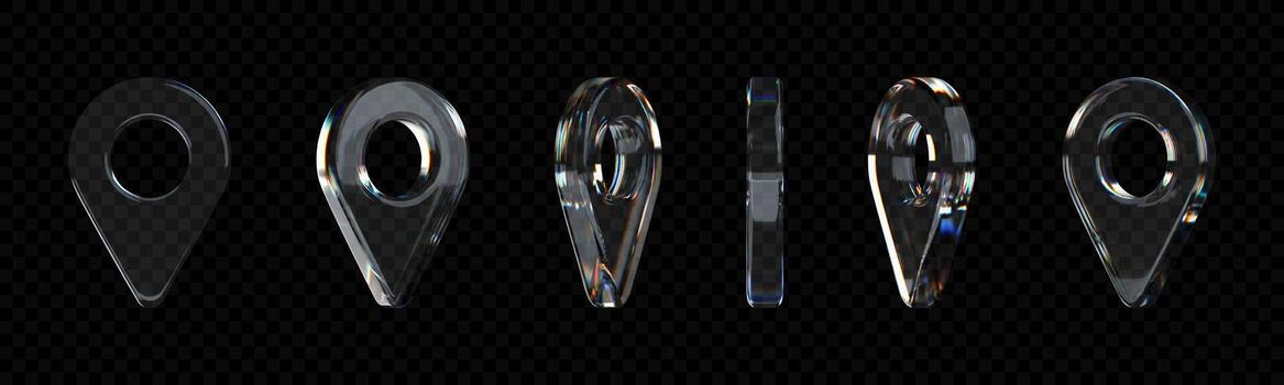 3D glass location pin icons with holographic refraction. GPS and navigation sign in modern morphism style. Isolated on dark background. vector
