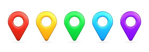 3D set of colorful location pin icons. Creative GPS pointer markers in cartoon style for map navigation, locate symbols, and place indicators. vector