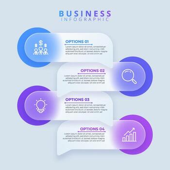 Design template for infographic labels with icons and 4 options. Suitable for process diagrams, presentations, workflow layouts, banners, flow charts, and infographics vector