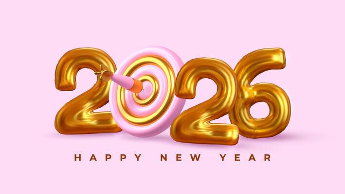 Happy New Year 2026 celebration banner with golden balloon numbers, dart hitting target, and pink background. Festive holiday greeting template for New Year party invitation, web, and social media.
