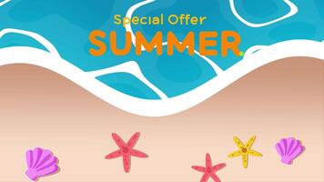 Vibrant Beach Scene with Colorful Sea Creatures and Crystal Clear Water Featuring Summer Promotions video