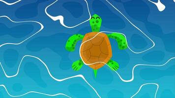 Charming Cartoon Turtle Swimming in Clear Blue Water with Abstract Patterns on Surface video
