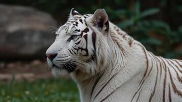 A white tiger with black stripes sitting in the grass photo