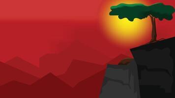 Beautiful nature landscape illustration with red sunset, mountain, tree and sky. vector