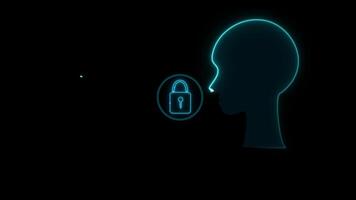 Neon silhouette of a head with a lock symbol for security concept video
