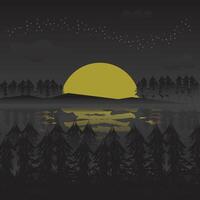 Dark night background illustration with pine trees silhouette and moon with water reflection. vector
