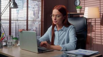 Caucasian business woman tired exhausted overworked in close laptop stop working end job done take off glasses relaxing leaning chair sitting resting break pause businesswoman female stress burnout video