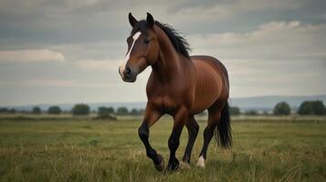 Brown horse in a field under a cloudy sky photo