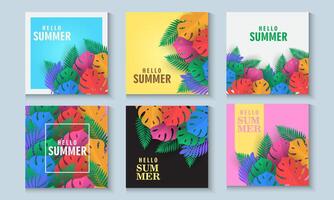 Summer greeting clipart banner poster card set. spring tropical leaves with colorful exotic leave, collection summer or spring poster, flayer, cover, in colorful abstract background vector