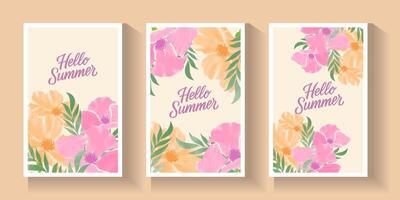Abstract summer or spring poster or card set in art style with trees leaves flowers on the palms, surfboard, sea, seashells on pastel colour and blue. Trendy summer design for branding, ads, print vector