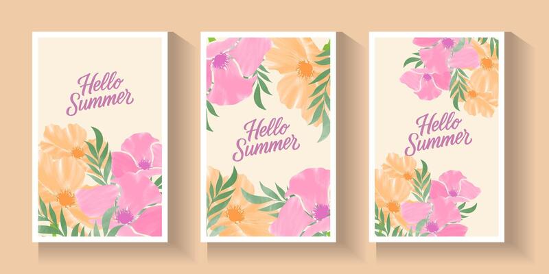 Abstract summer or spring poster or card set in art style with trees leaves flowers on the palms, surfboard, sea, seashells on pastel colour and blue. Trendy summer design for branding, ads, print