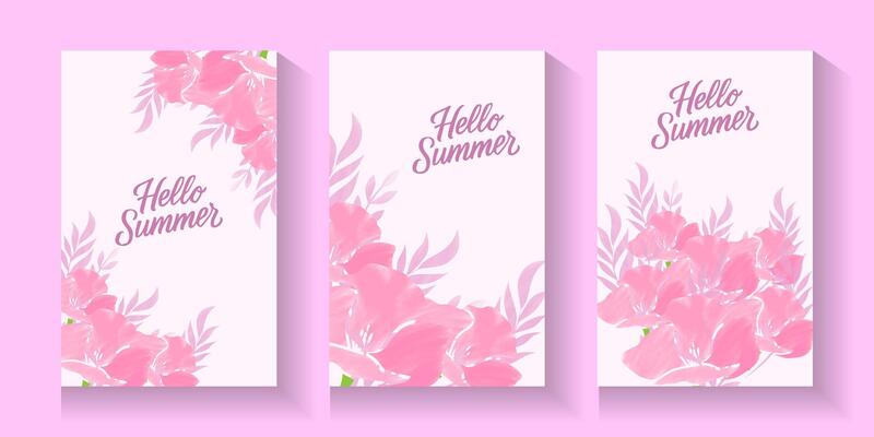 set of spring or summer poster and banners with pink flowers on a pink background