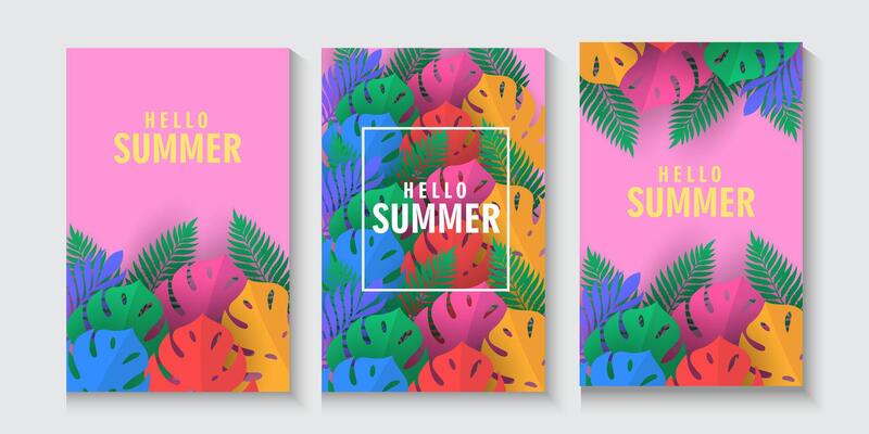 set of spring or summer poster, cards or banners with colorful tropical leaves on pink background