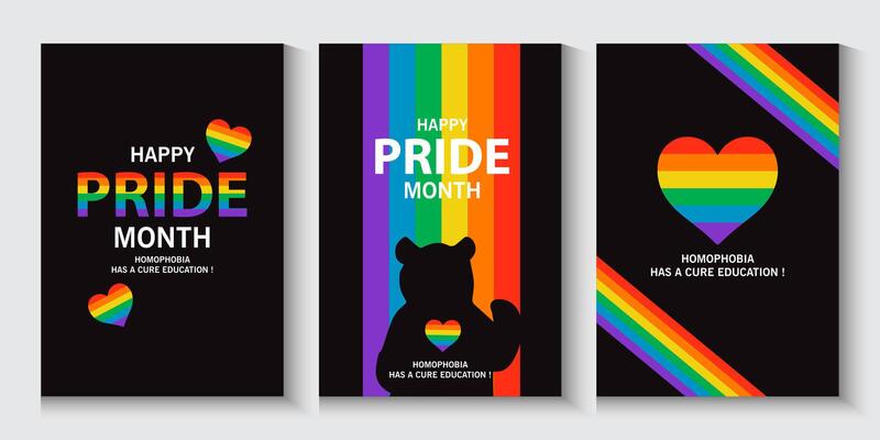 LGBT pride cards, poster, banner, set background. pride month cover with love bear and rainbow colors. Rainbow colored wavy abstract lines. Template for Pride Month, ads promo, post, web,