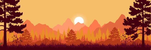 a sunset scene with trees and mountains vector